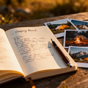 キャンプ記録ノートと写真[AI]