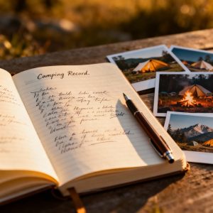 キャンプ記録ノートと写真[AI]