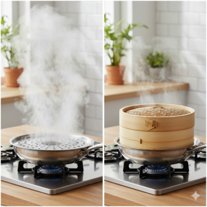 せいろから湯気が上がっている理想的な火加減の様子