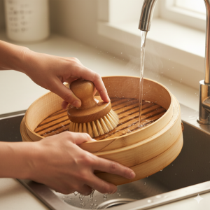 お湯で濡らしながら、たわしでこする