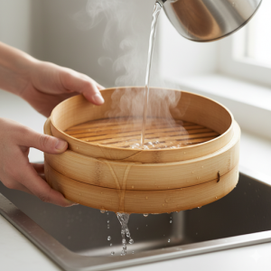 熱湯をかけて仕上げる