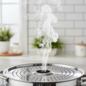 蒸し板の穴から蒸気が上がっている様子