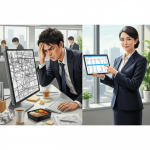 Excelの表を見ながら頭を抱える上司と焦る部下