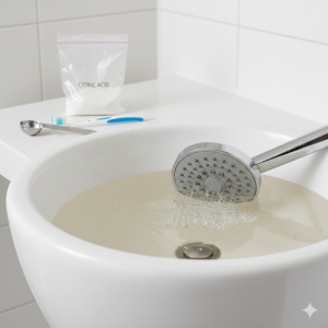 洗面器でつけ置き中のシャワーヘッド