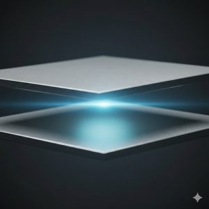 2つの精密な金属板が磁石のように引き寄せられ重なるイメージ 2つの精密な金属板が磁石のように引き寄せられ重なる