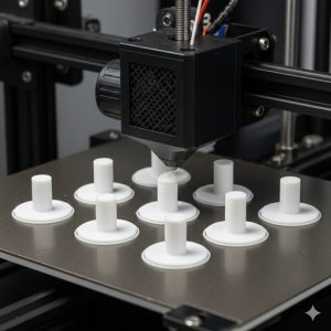 3Dプリンターのベッドに逆さまに配置されたボタンの造形イメージ