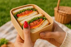 春のピクニック・お花見デート30選!陽だまりに映えるパステル 1 お弁当を持つ手元の苺モチーフイメージ