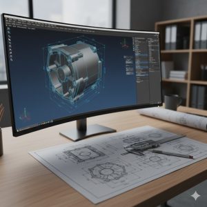 デジタル設計図と紙の図面が並ぶデスク デジタル設計図と紙の図面