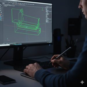 精密な設計図に沿ってツメの形を描く手元