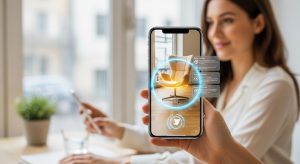 カフェで気になる家具を調べるスタイリッシュな風景