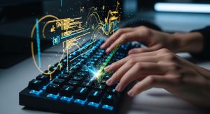 キーボードから光のコードが先読みして溢れ出す