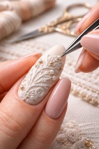 針仕事の温もりを指先に。刺繡・キルティングネイルチップ30選|ハイブランドのような気品を纏う 1 マットとパールの使い分けによる上品な仕上げ