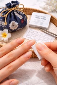 夏の宵を彩る。浴衣・夏祭りネイルチップ30選|金魚やヨーヨー柄で魅せる和の遊び心 1 夏祭りで剥がれないためのネイルチップ装着準備