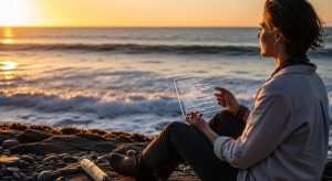 海辺で薄いタブレット一枚で開発するスタイリッシュな風景