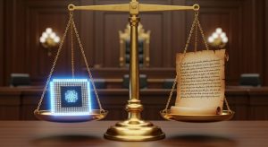 裁判所の天秤の上に乗ったデジタルチップと古い羊皮紙