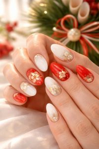 赤・白・金の和モダンネイルと新年の装飾