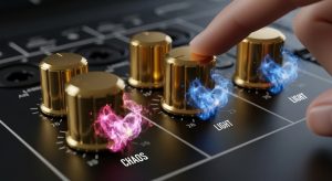 黄金に輝く音色の調整ノブを操作する