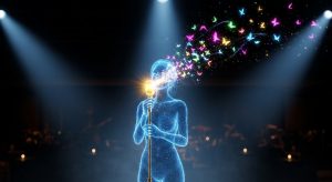 黄金のマイクを握るホログラム歌姫