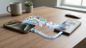 iPhoneとGalaxyをケーブルで繋ぎ、データが移動