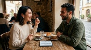 スマホを挟んで対面で会話する様子