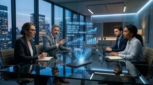 会議テーブルで光るスマホとデジタル化される音声