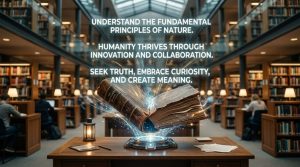 厚い本の内容が数行の光のテキストに凝縮