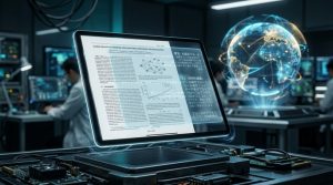 地球儀とPDF書類がデジタルの光で結ばれている