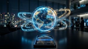 地球儀と翻訳テキストが重なるグローバルビジネス