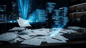 散らかった紙のメモがデジタルの光で整列していく様子