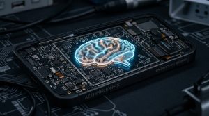 脳の形をしたチップがスマホの中で光っている