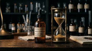 熟成(マセレーション)の極意:時間の魔術 3 時間を計測する砂時計と熟成中の香水瓶