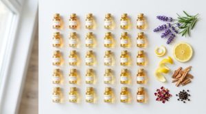 30種の黄金比:プロが教える調香レシピ集 2 美しく整列した調香用バイアルと原材料