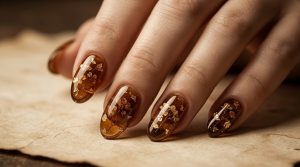 時を刻む美。ヴィンテージ・アンティークネイルチップ30選|重厚なカメオと額縁アートの誘惑 2 48-02_琥珀に眠るドライフラワー (Dried Flowers in Amber Resin)