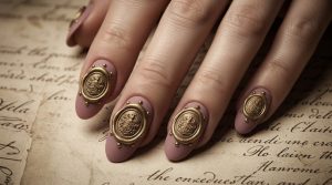 時を刻む美。ヴィンテージ・アンティークネイルチップ30選|重厚なカメオと額縁アートの誘惑 1 48-11_モーブローズの紋章 (Mauve Rose Crest)