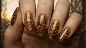 時を刻む美。ヴィンテージ・アンティークネイルチップ30選|重厚なカメオと額縁アートの誘惑 7 48-17_琥珀に沈む金糸の迷宮 (Amber Labyrinth with Gold Thread)