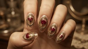 時を刻む美。ヴィンテージ・アンティークネイルチップ30選|重厚なカメオと額縁アートの誘惑 5 48-25_鏡の中のドライローズ (Dried Rose in the Mirror)