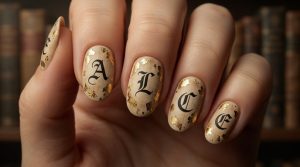 時を刻む美。ヴィンテージ・アンティークネイルチップ30選|重厚なカメオと額縁アートの誘惑 7 48-27_セピア色のイニシャル刻印 (Sepia Initial Seal)