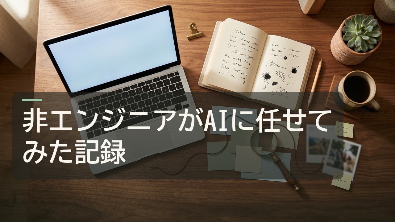 非エンジニアの机で広がるAIエージェント活用の記録 非エンジニアがAIエージェント(Claude Code)を個人利用する机の俯瞰フラットレイ、AIエージェント個人活用ガイドのアイキャッチ