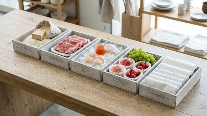 ふるさと納税の返礼品をお米・肉・海鮮・果物・日用品のジャンル別に木箱で仕分けした棚／返礼品の選び方ガイドのアイキャッチ