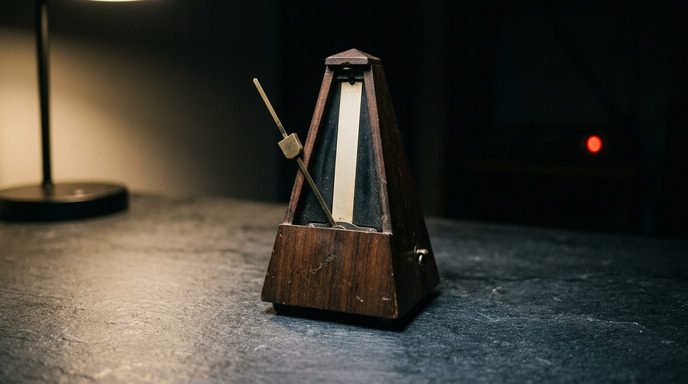 途中で止まった振り子 振り子が斜めのまま止まったメトロノーム。AI作曲で曲が完成しないまま制作が止まっている状態