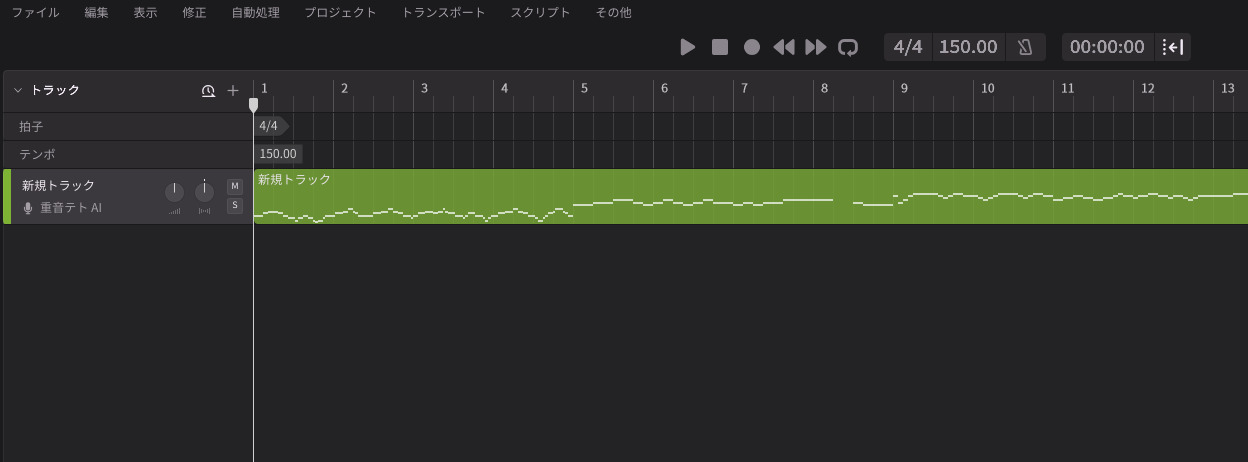 別のソフトの中にいるボーカル Synthesizer V Studio 2 Pro のトラックビュー。AI作曲の1曲目のボーカルで、歌声データベースの重音テトのトラックが1本だけあり、バンドの伴奏が入っていない、ボカロ制作の途中の画面